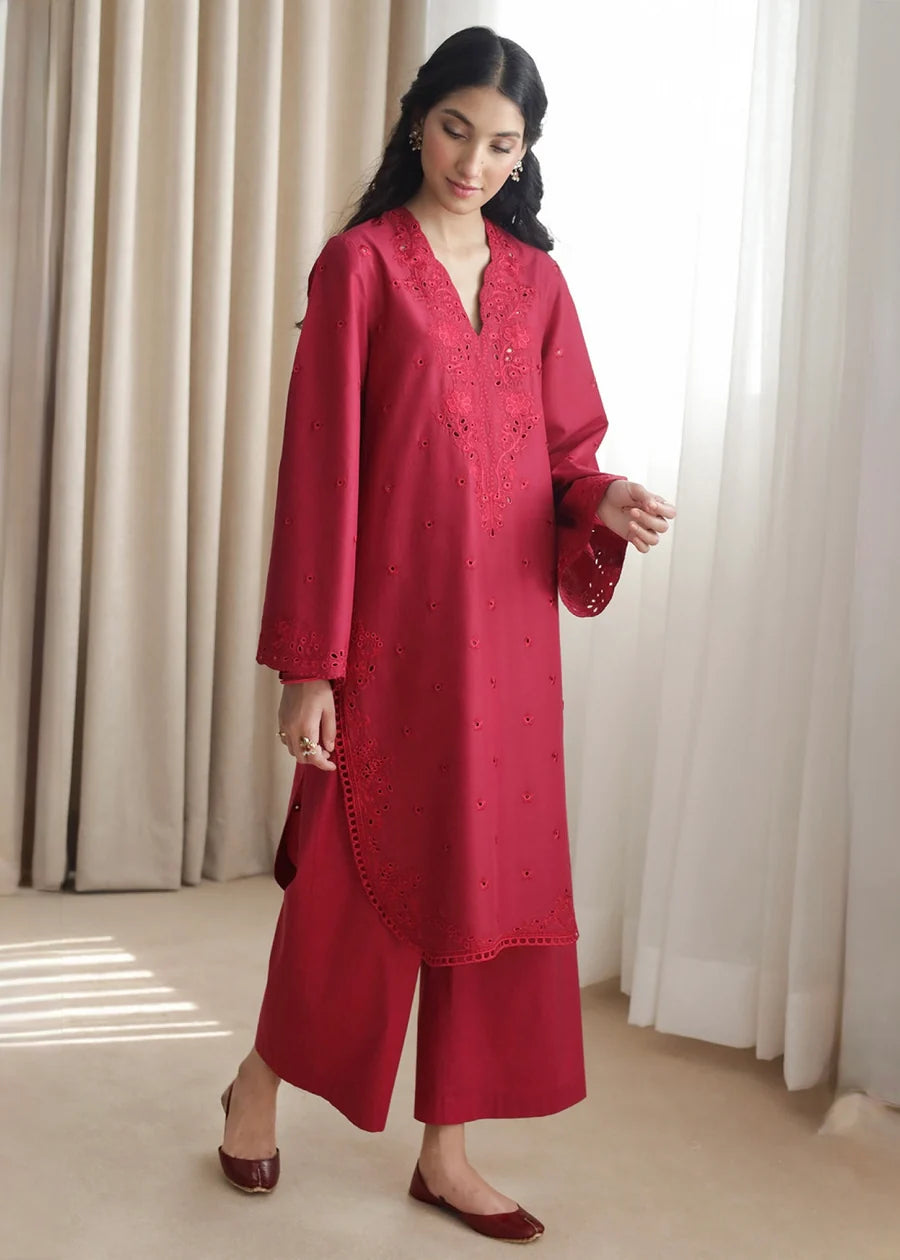 Elegant Fuchsia Embroidered 3-Piece Suit with Cutwork Detailing