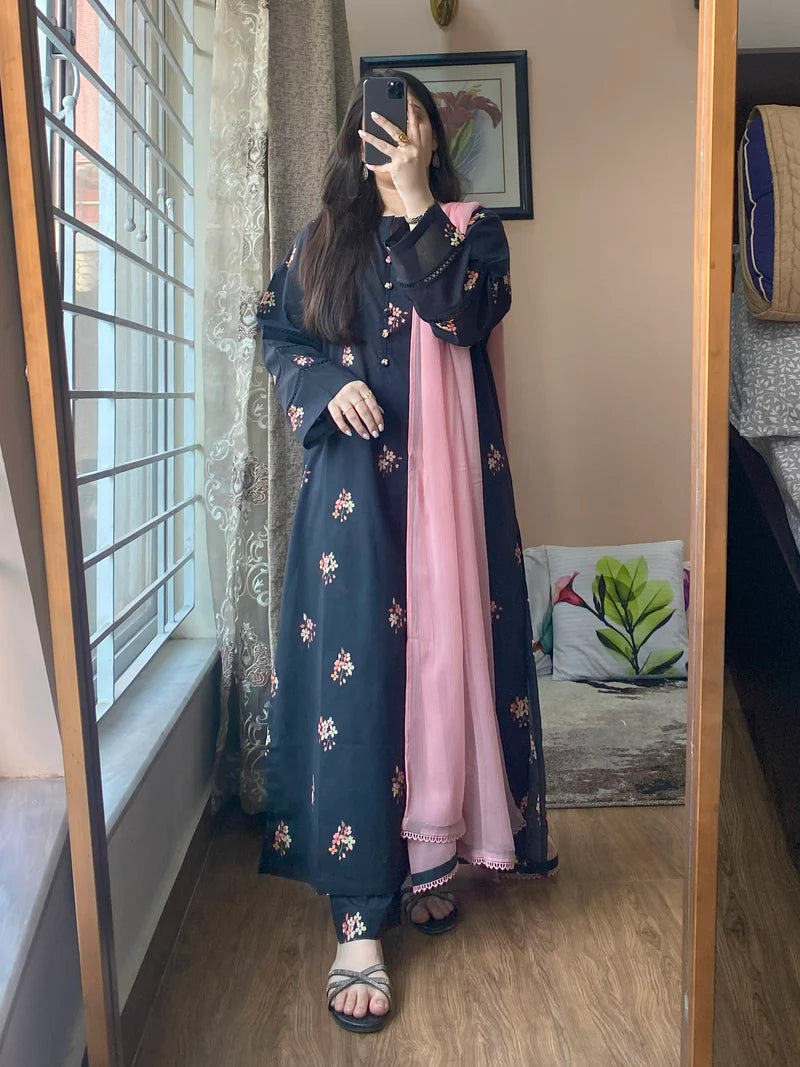 Elegant Floral Printed Abaya Style 2-Piece Set – Modest Long Dress with Matching Dupatta