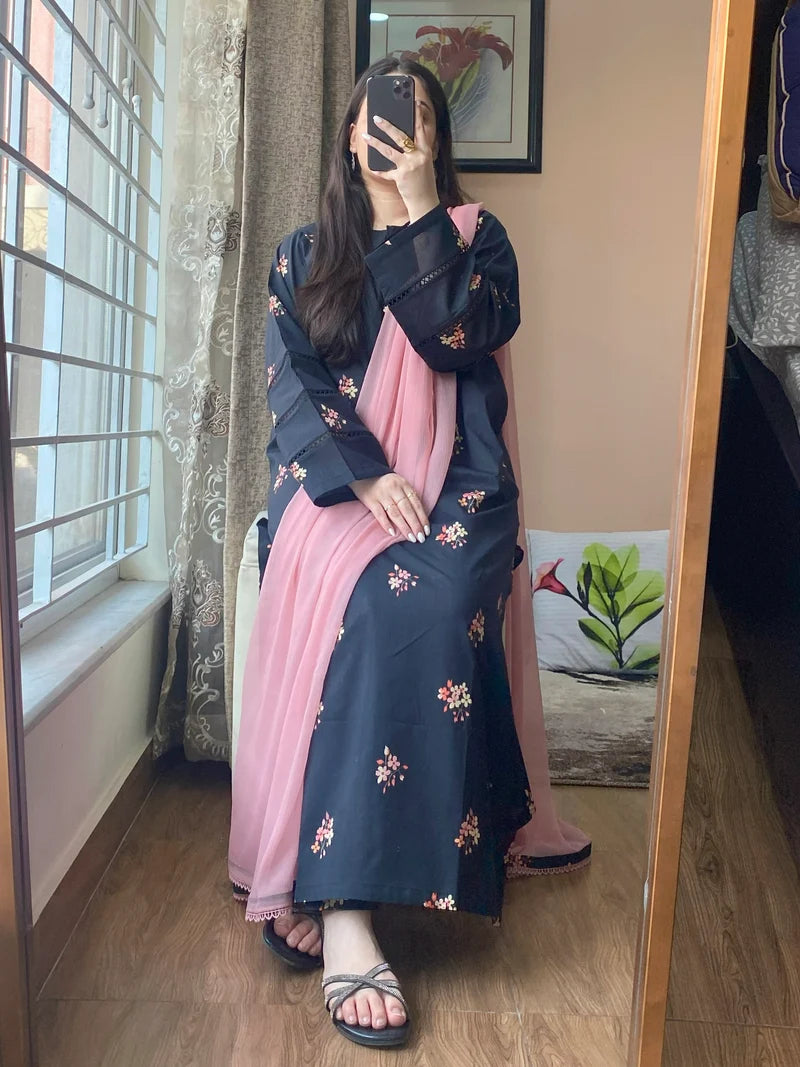 Elegant Floral Printed Abaya Style 2-Piece Set – Modest Long Dress with Matching Dupatta