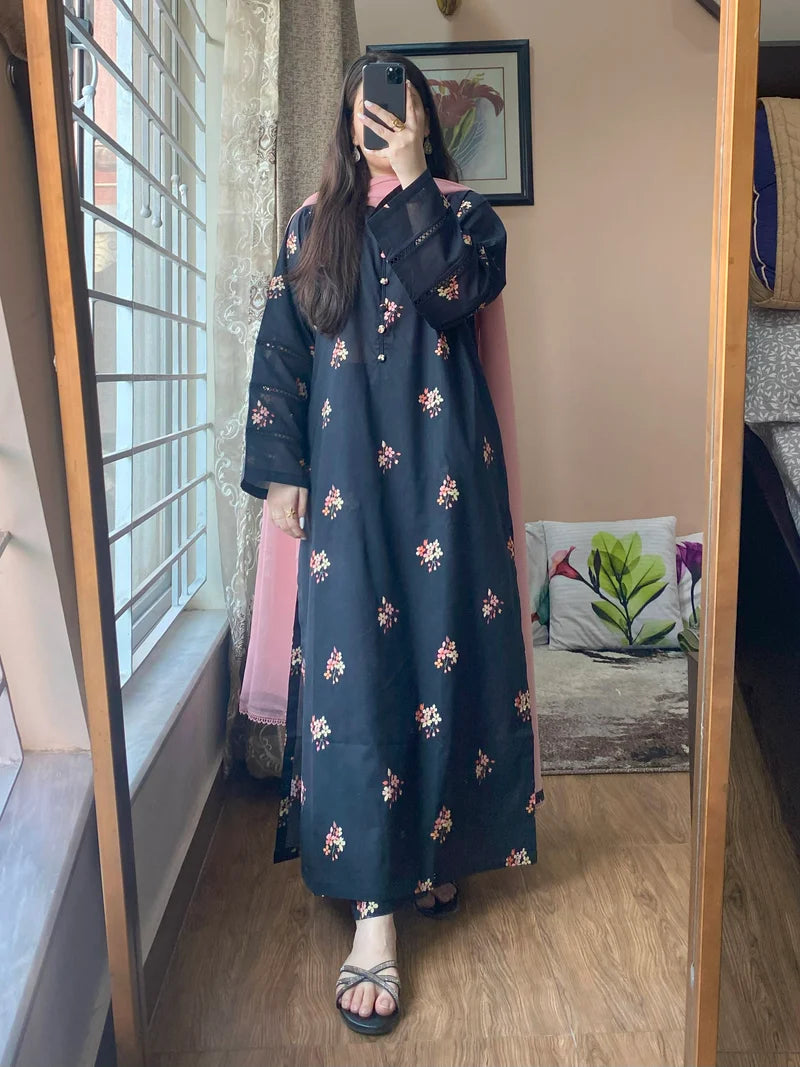 Elegant Floral Printed Abaya Style 2-Piece Set – Modest Long Dress with Matching Dupatta