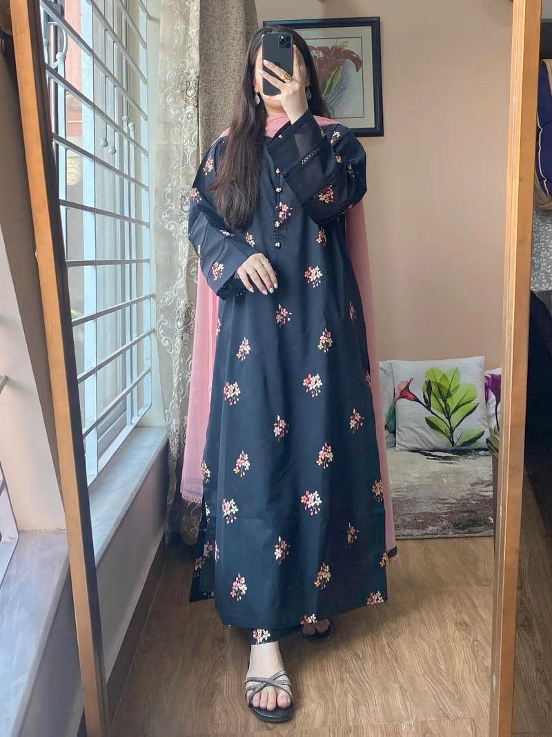 Elegant Floral Printed Abaya Style 2-Piece Set – Modest Long Dress with Matching Dupatta