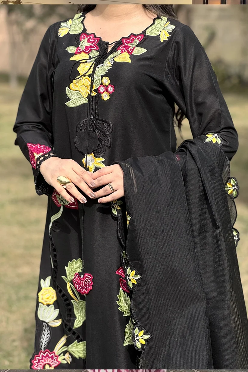 Black Embroidered 3-Piece Suit with Floral Detailing