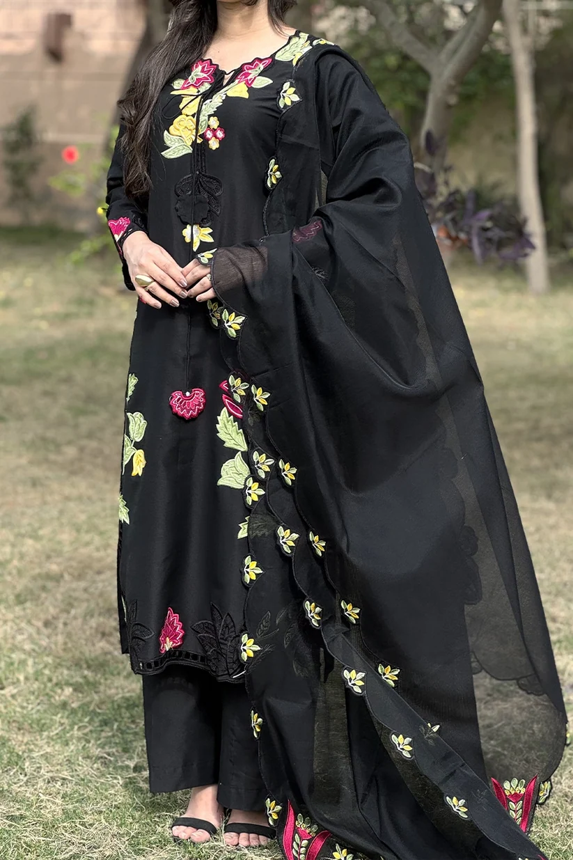 Black Embroidered 3-Piece Suit with Floral Detailing