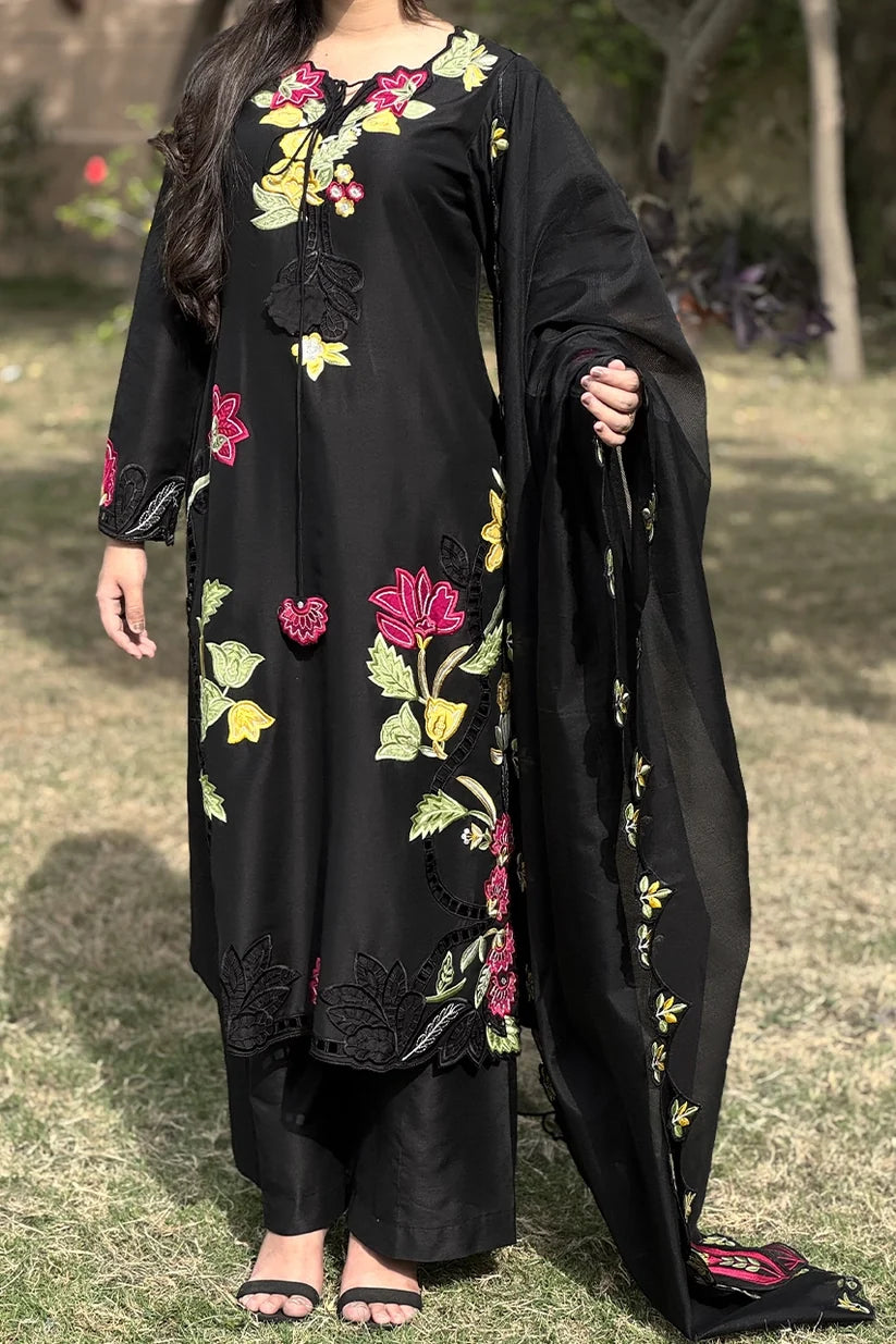 Black Embroidered 3-Piece Suit with Floral Detailing