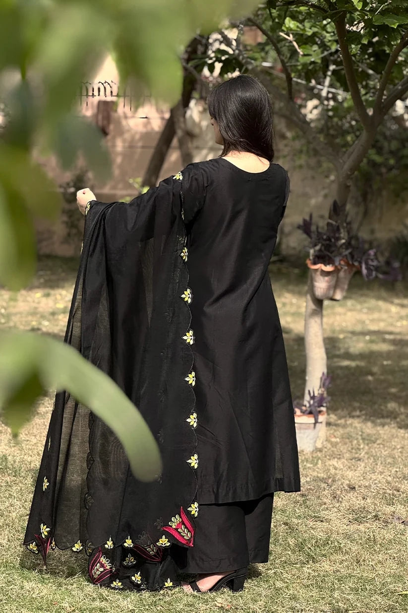 Black Embroidered 3-Piece Suit with Floral Detailing