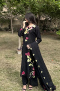 Black Embroidered 3-Piece Suit with Floral Detailing