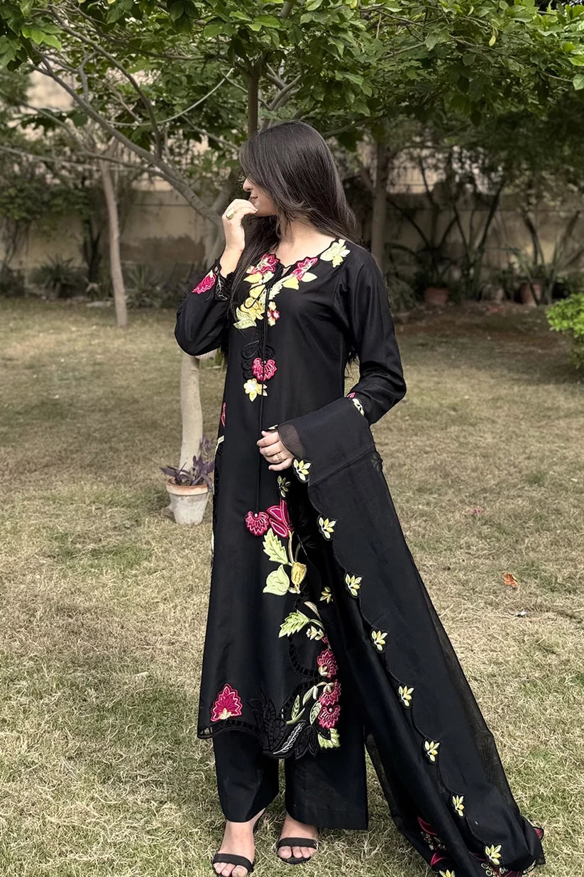 Black Embroidered 3-Piece Suit with Floral Detailing