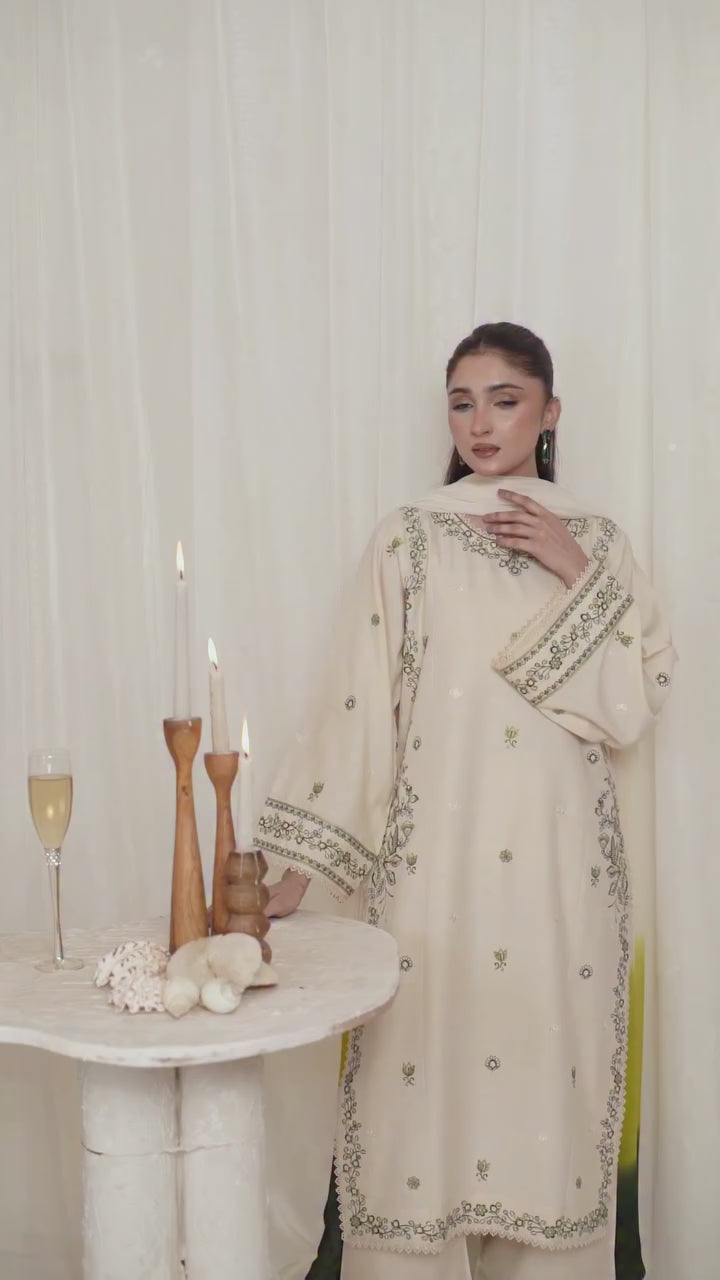 Ivory Embroidered 3-Piece Lawn Suit with Ombre Printed Chiffon Dupatta