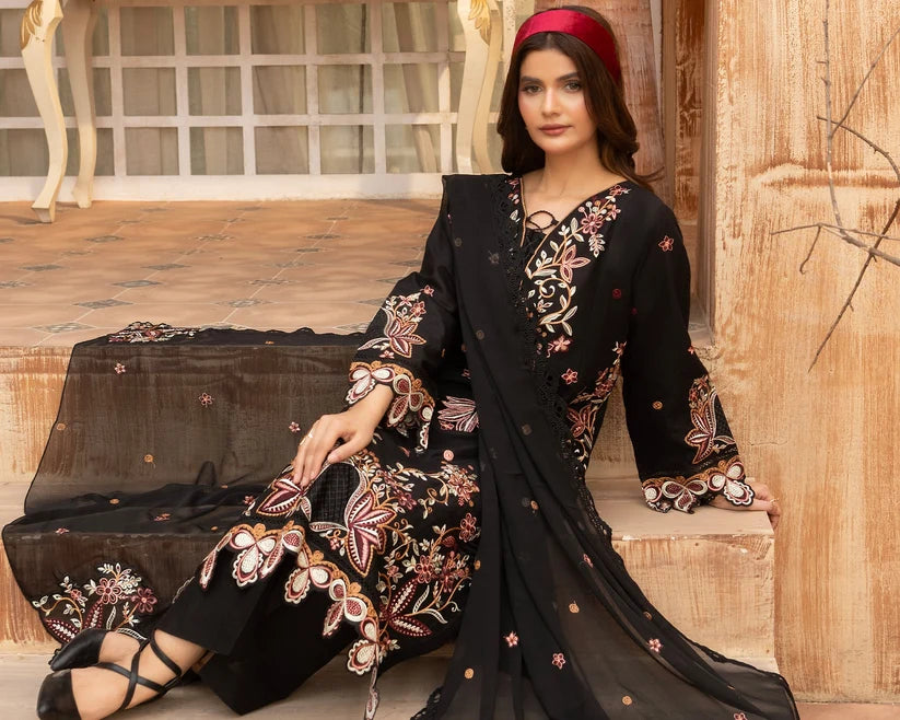 Black Embroidered 3-Piece Suit with Embellished Dupatta