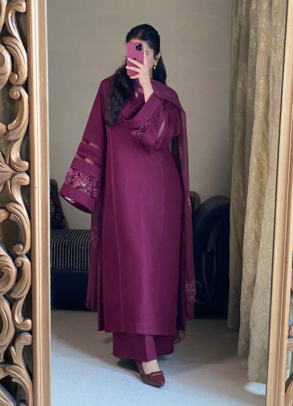 Royal Plum Embroidered 3-Piece Suit with Detailed Sleeves & Matching Dupatta
