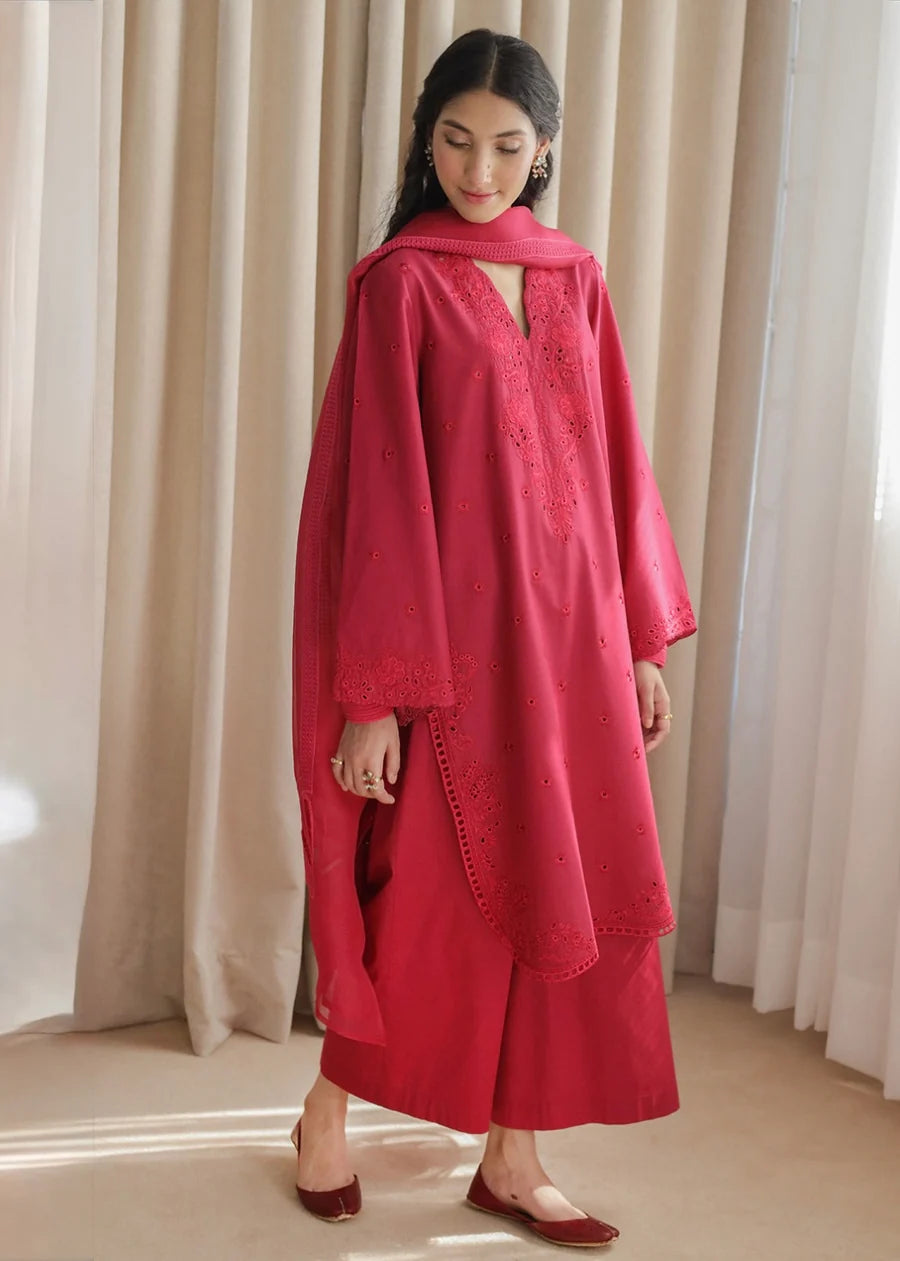 Elegant Fuchsia Embroidered 3-Piece Suit with Cutwork Detailing