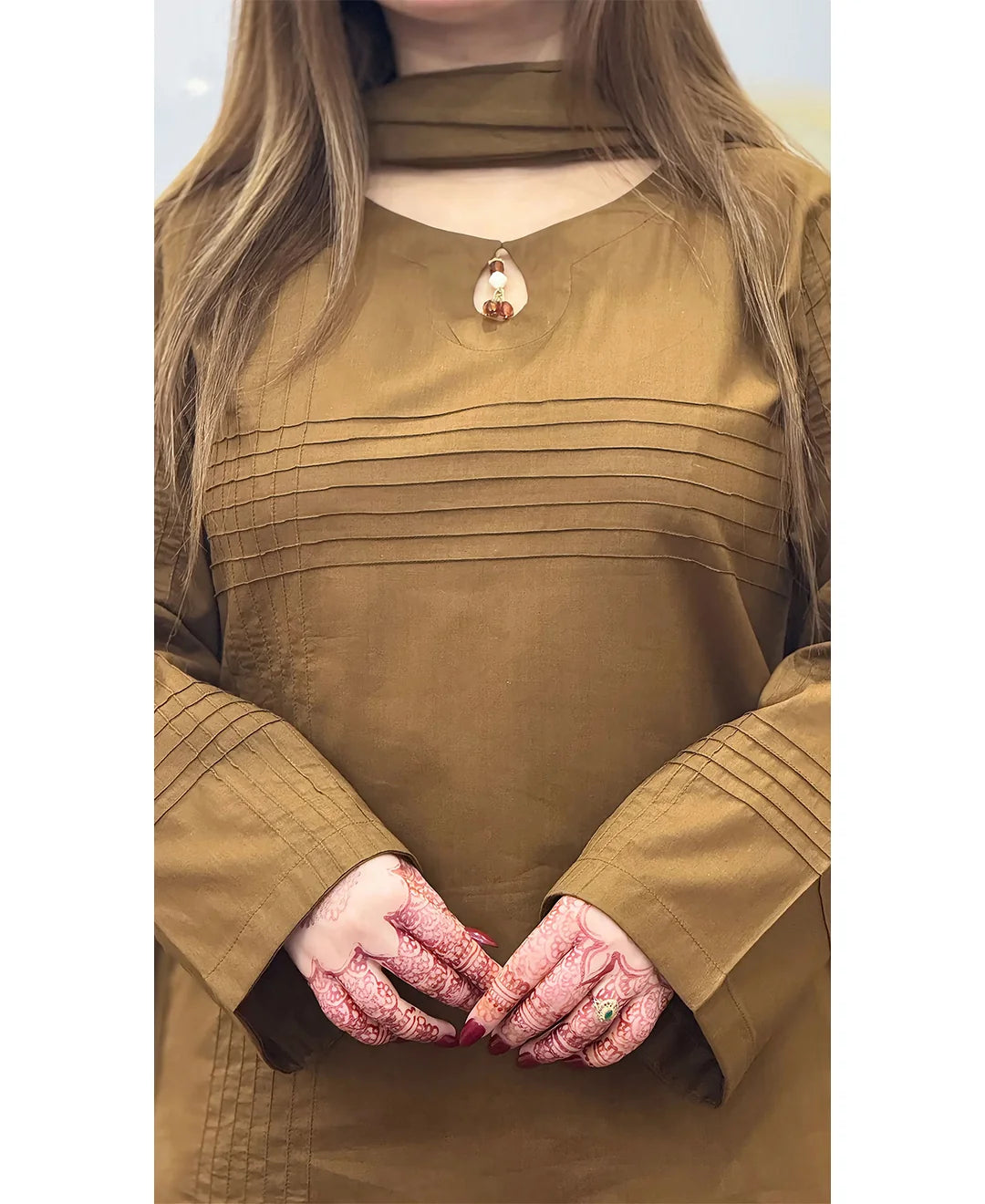 Elegant Brown Embroidered 3-Piece Suit with Pleated Detailing & Matching Dupatta