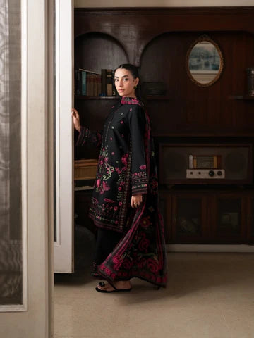 Jet Black Floral Embroidered 3-Piece Lawn Suit