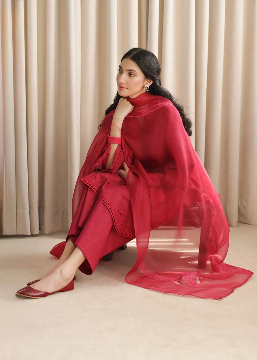 Elegant Fuchsia Embroidered 3-Piece Suit with Cutwork Detailing