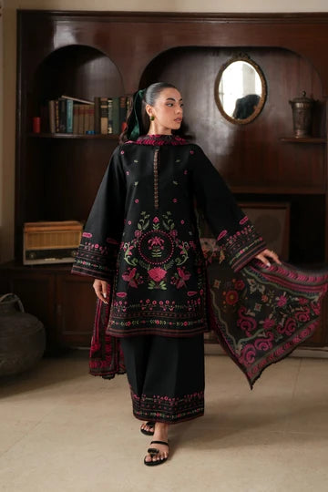 Jet Black Floral Embroidered 3-Piece Lawn Suit