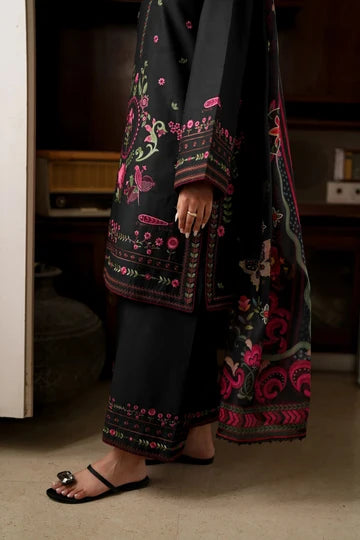 Jet Black Floral Embroidered 3-Piece Lawn Suit