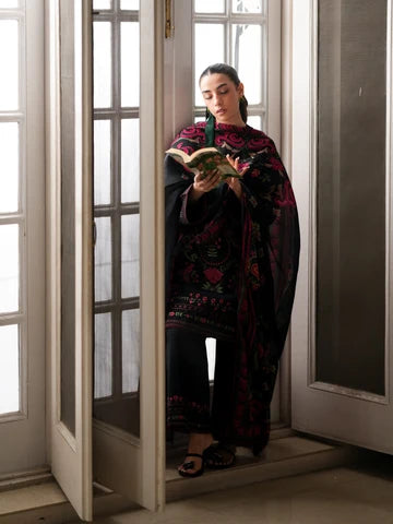 Jet Black Floral Embroidered 3-Piece Lawn Suit