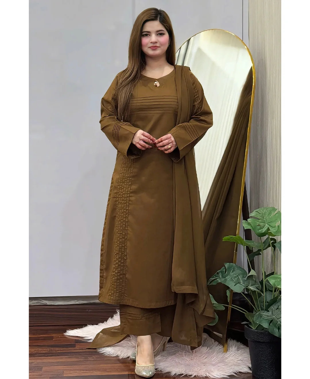 Elegant Brown Embroidered 3-Piece Suit with Pleated Detailing & Matching Dupatta