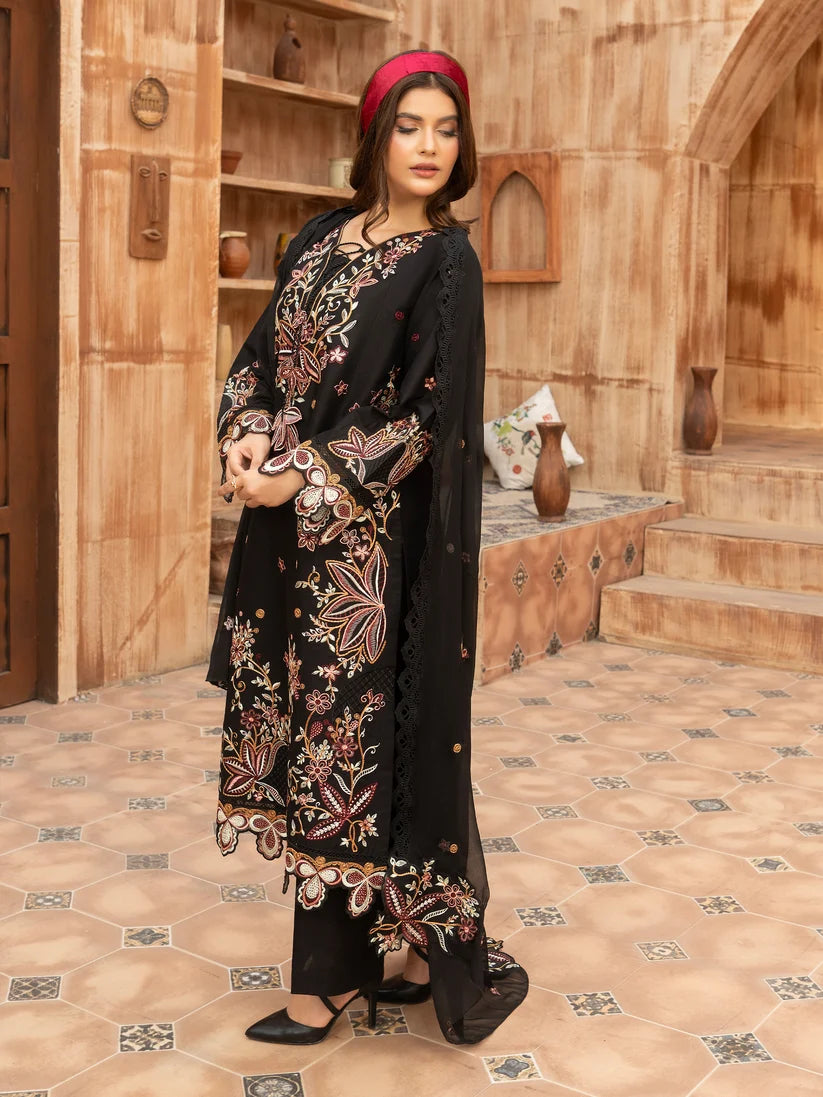 Black Embroidered 3-Piece Suit with Embellished Dupatta