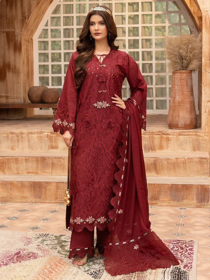 Maroon Embroidered 3-Piece Luxury Suit