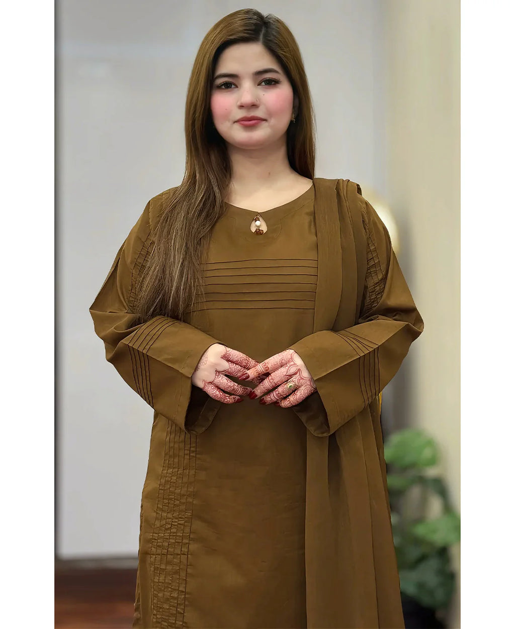 Elegant Brown Embroidered 3-Piece Suit with Pleated Detailing & Matching Dupatta