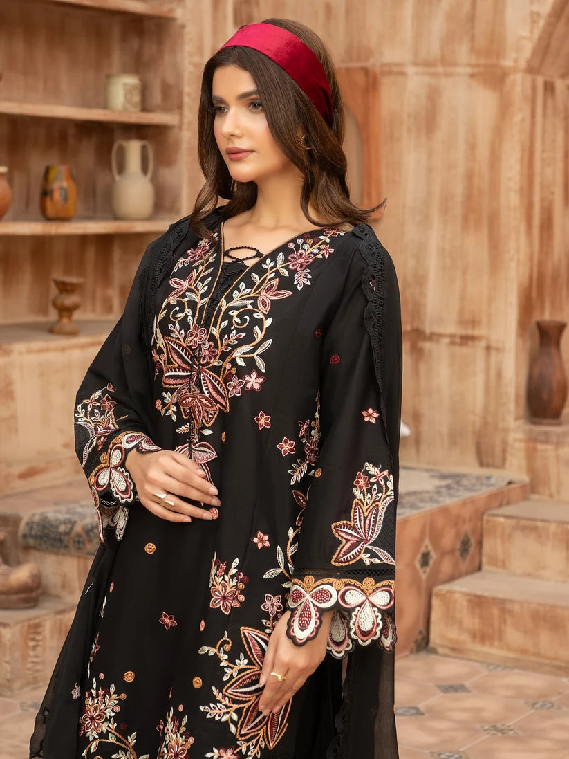 Black Embroidered 3-Piece Suit with Embellished Dupatta