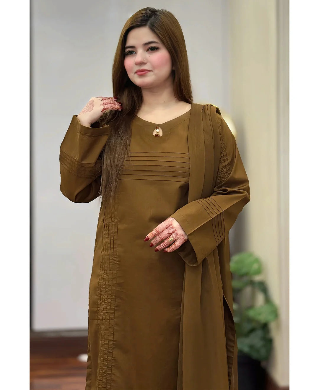 Elegant Brown Embroidered 3-Piece Suit with Pleated Detailing & Matching Dupatta