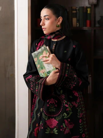 Jet Black Floral Embroidered 3-Piece Lawn Suit