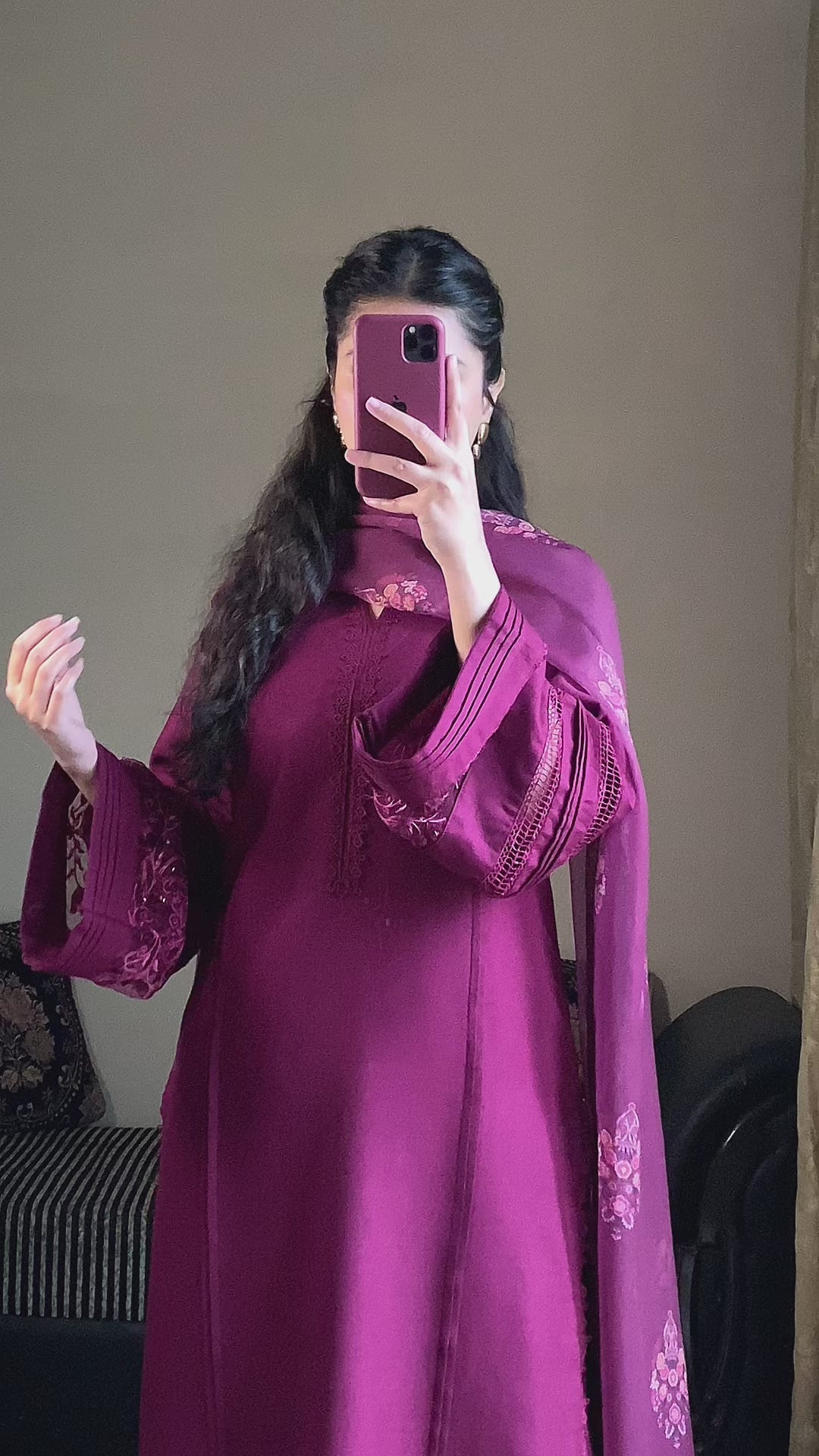 Royal Plum Embroidered 3-Piece Suit with Detailed Sleeves & Matching Dupatta