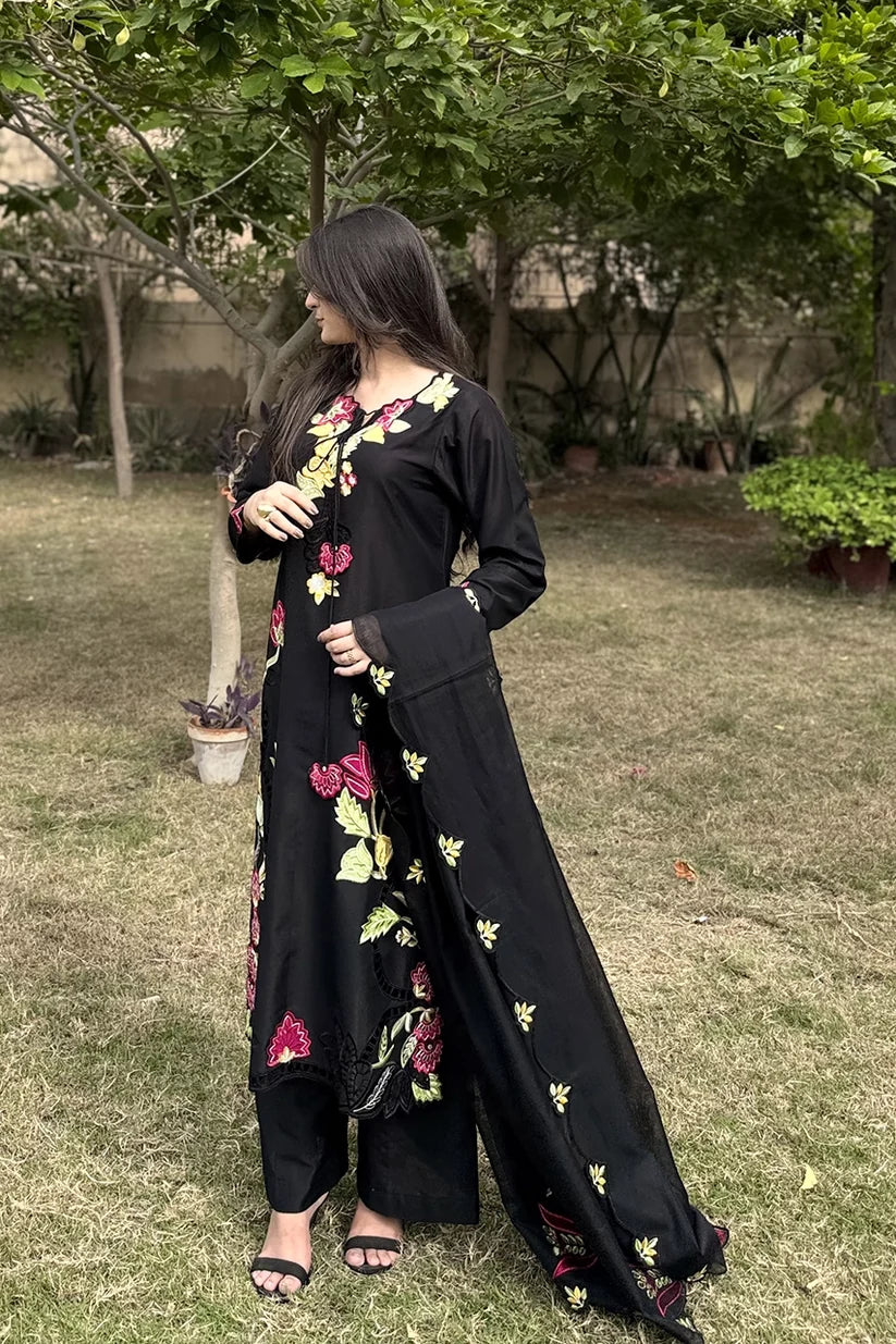 Black Embroidered 3-Piece Suit with Floral Detailing