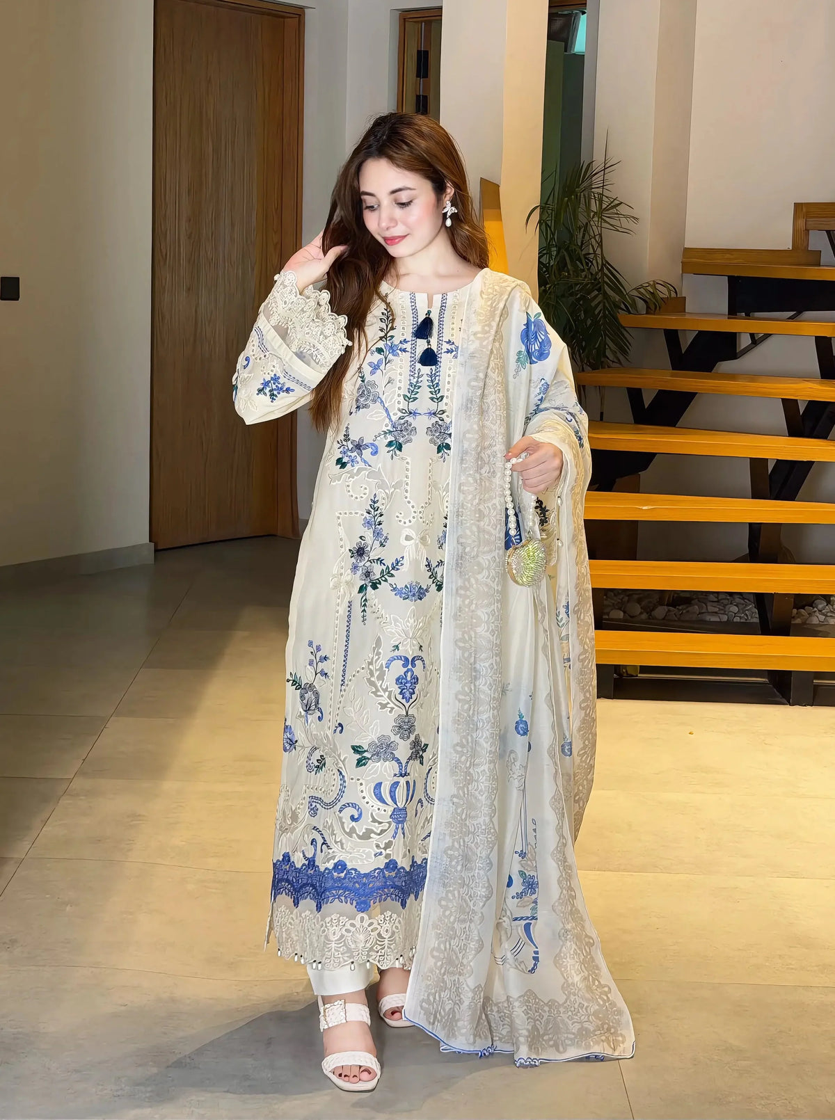 Off-White & Royal Blue Embroidered 3-Piece Lawn Suit