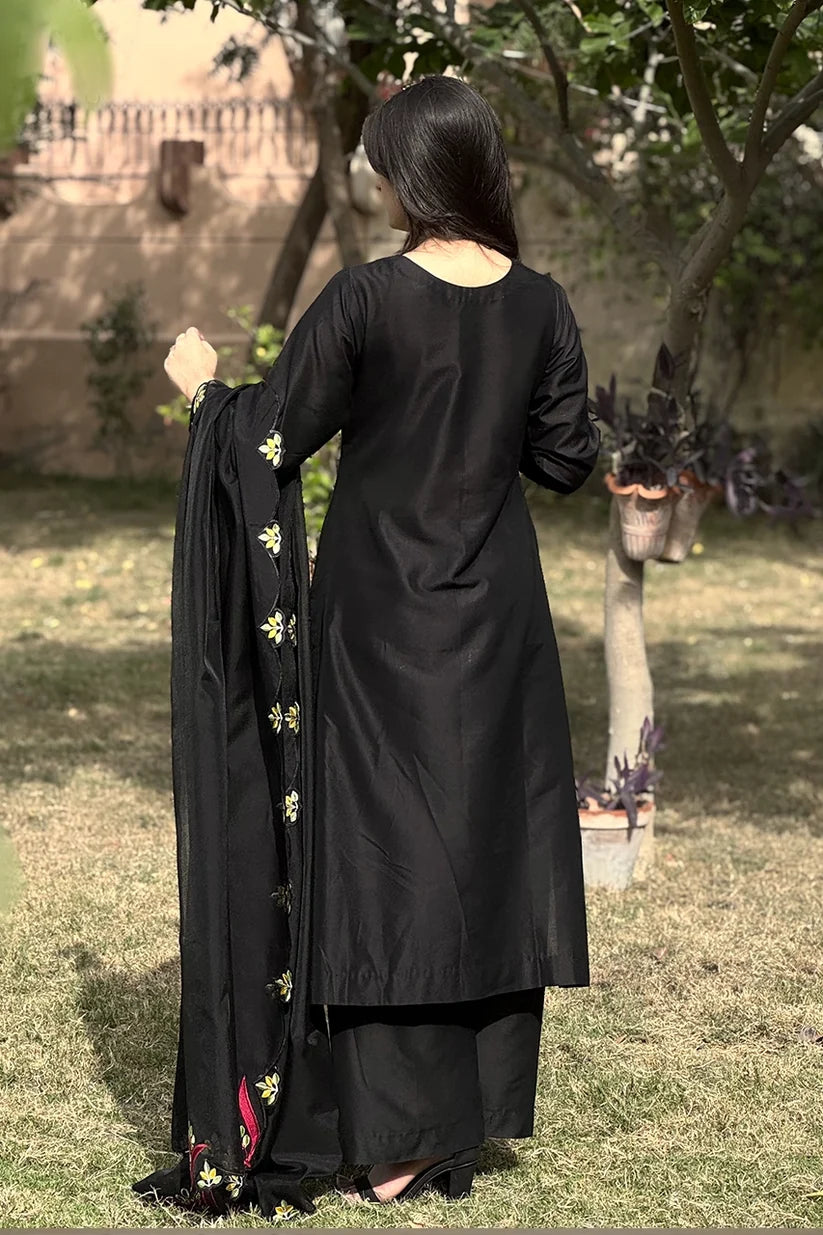 Black Embroidered 3-Piece Suit with Floral Detailing