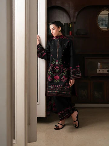 Jet Black Floral Embroidered 3-Piece Lawn Suit
