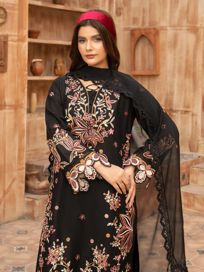 Black Embroidered 3-Piece Suit with Embellished Dupatta