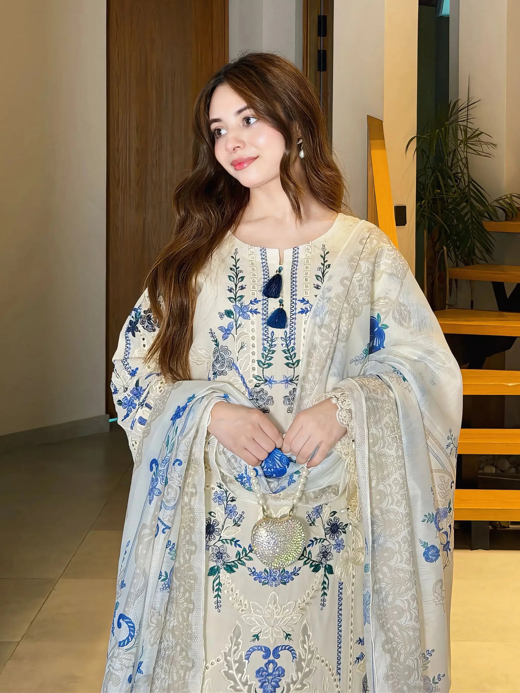 Off-White & Royal Blue Embroidered 3-Piece Lawn Suit