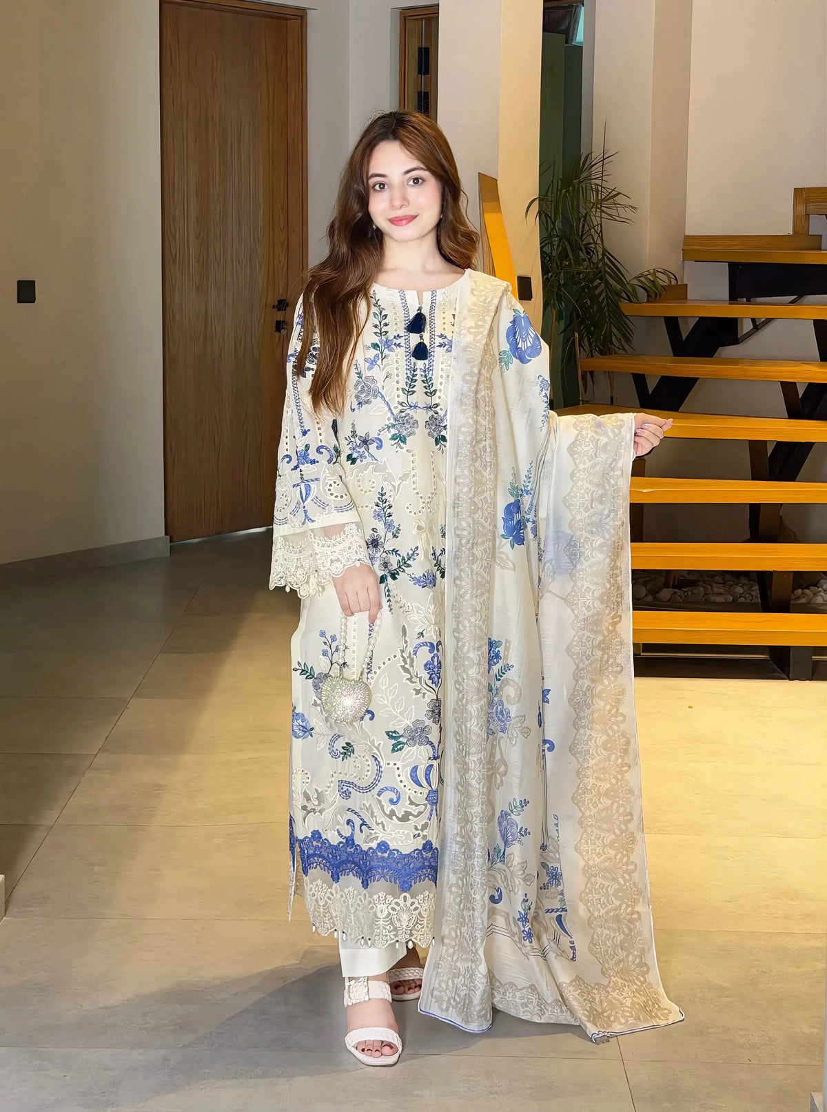 Off-White & Royal Blue Embroidered 3-Piece Lawn Suit