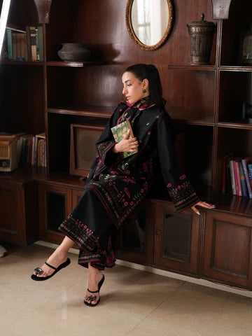 Jet Black Floral Embroidered 3-Piece Lawn Suit