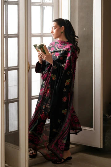 Jet Black Floral Embroidered 3-Piece Lawn Suit
