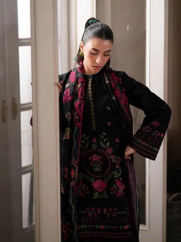 Jet Black Floral Embroidered 3-Piece Lawn Suit