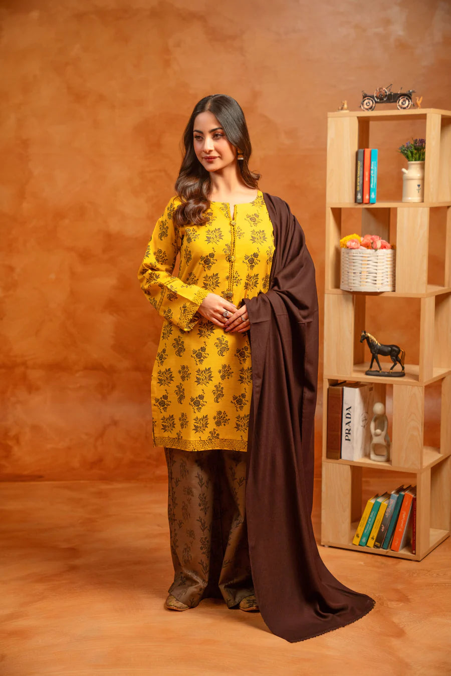 Mustard Floral Winter Khaddar Printed 3-Piece Suit