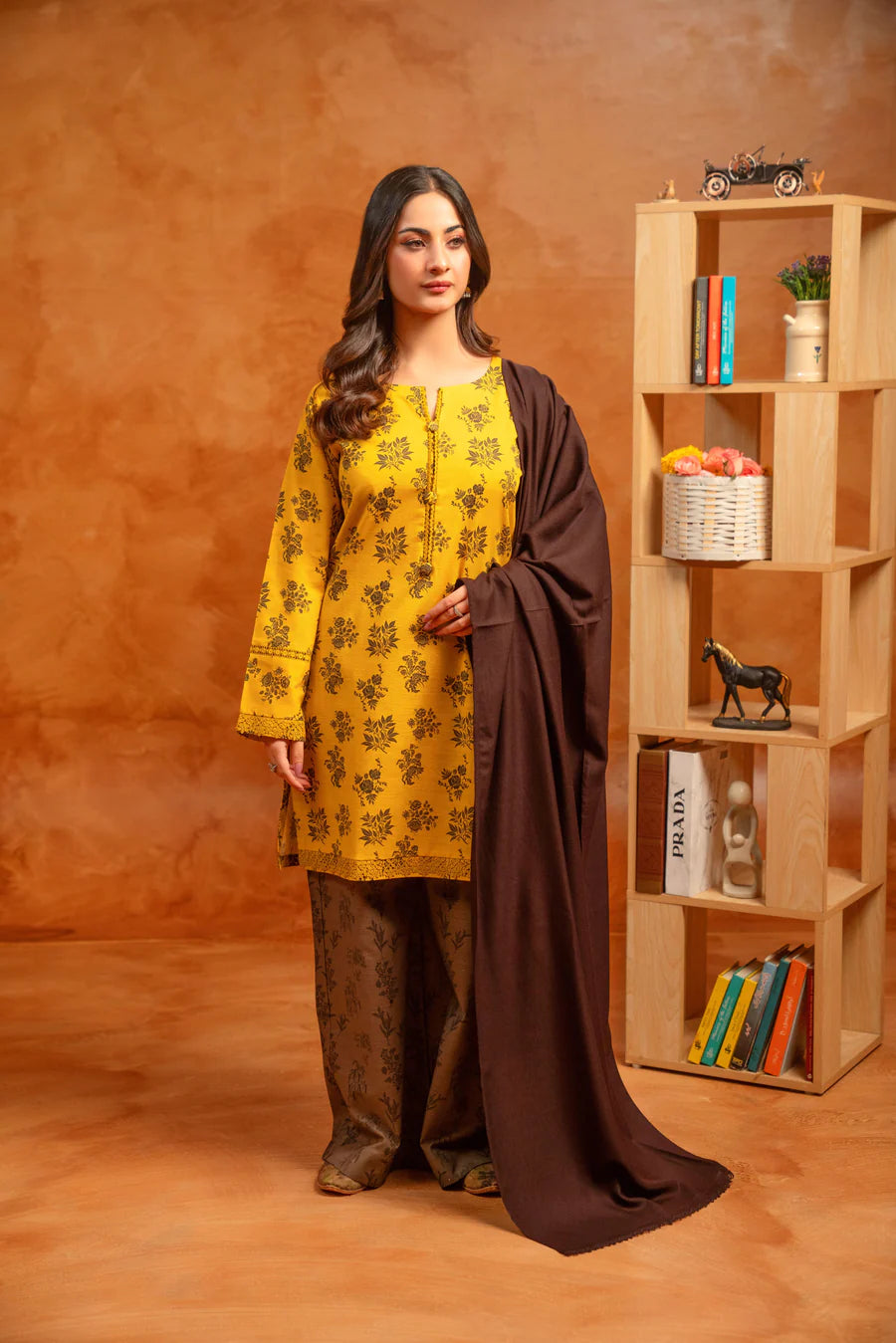 Mustard Floral Winter Khaddar Printed 3-Piece Suit
