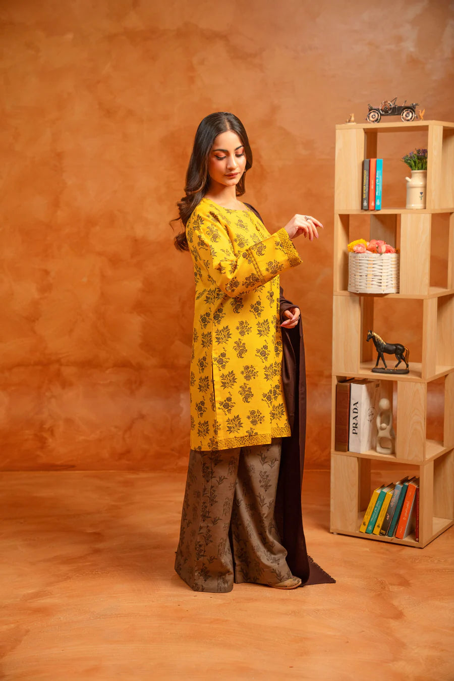 Mustard Floral Winter Khaddar Printed 3-Piece Suit