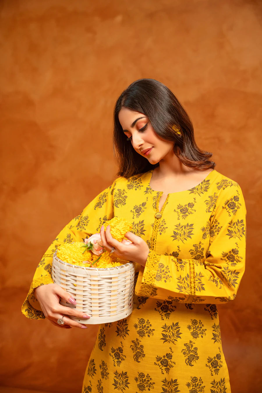 Mustard Floral Winter Khaddar Printed 3-Piece Suit