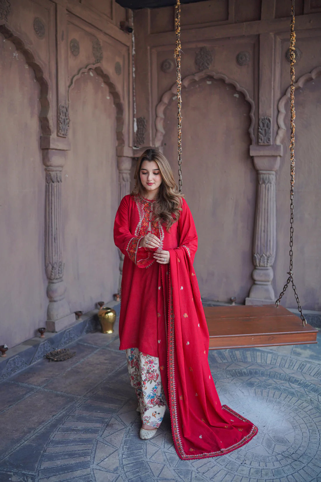 Crimson Bloom Winter Embroidered 3-Piece Suit