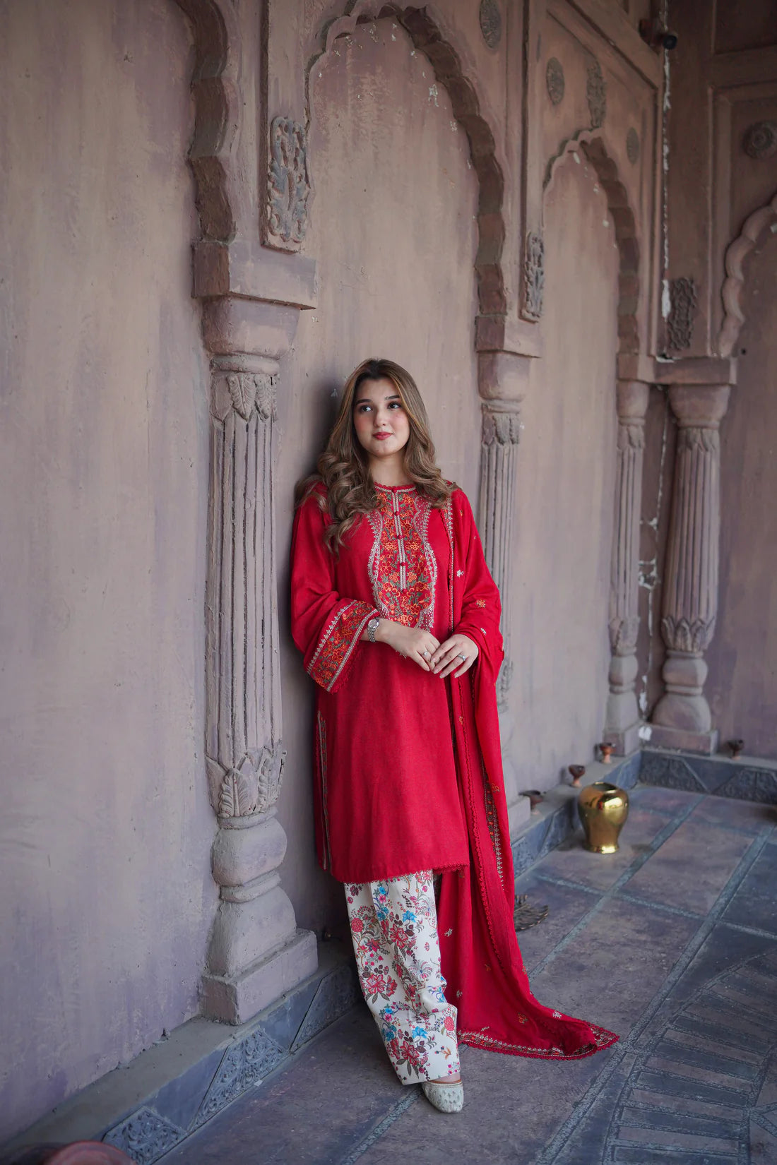 Crimson Bloom Winter Embroidered 3-Piece Suit