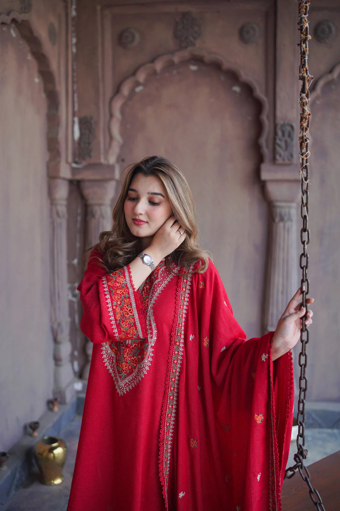 Crimson Bloom Winter Embroidered 3-Piece Suit