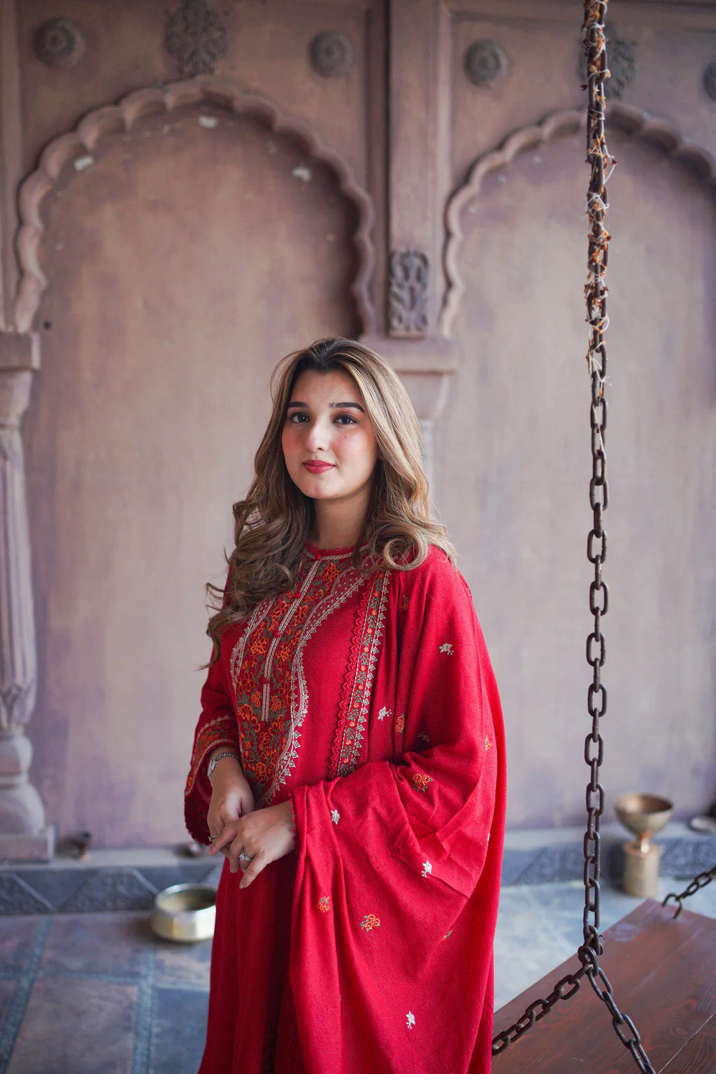 Crimson Bloom Winter Embroidered 3-Piece Suit