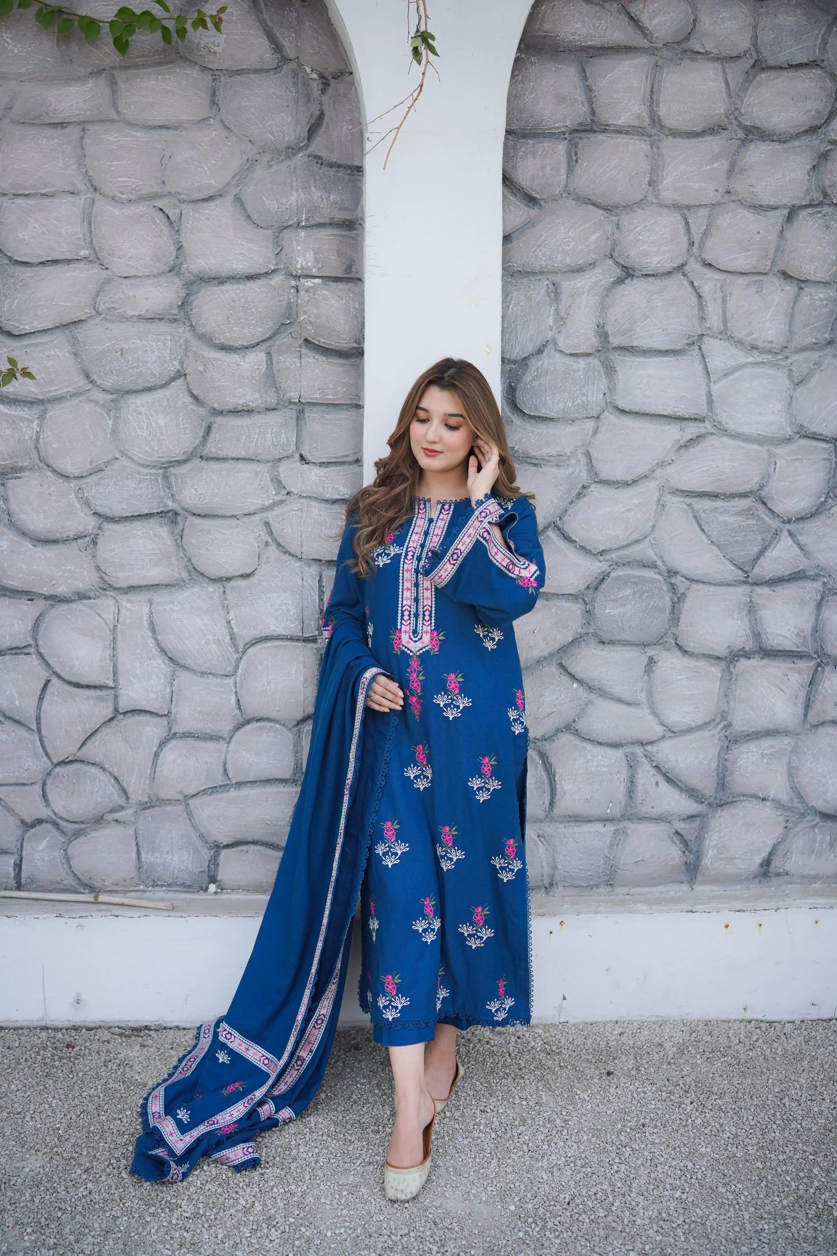 Stitched Peach Wool Emb Shirt Emb 3PC