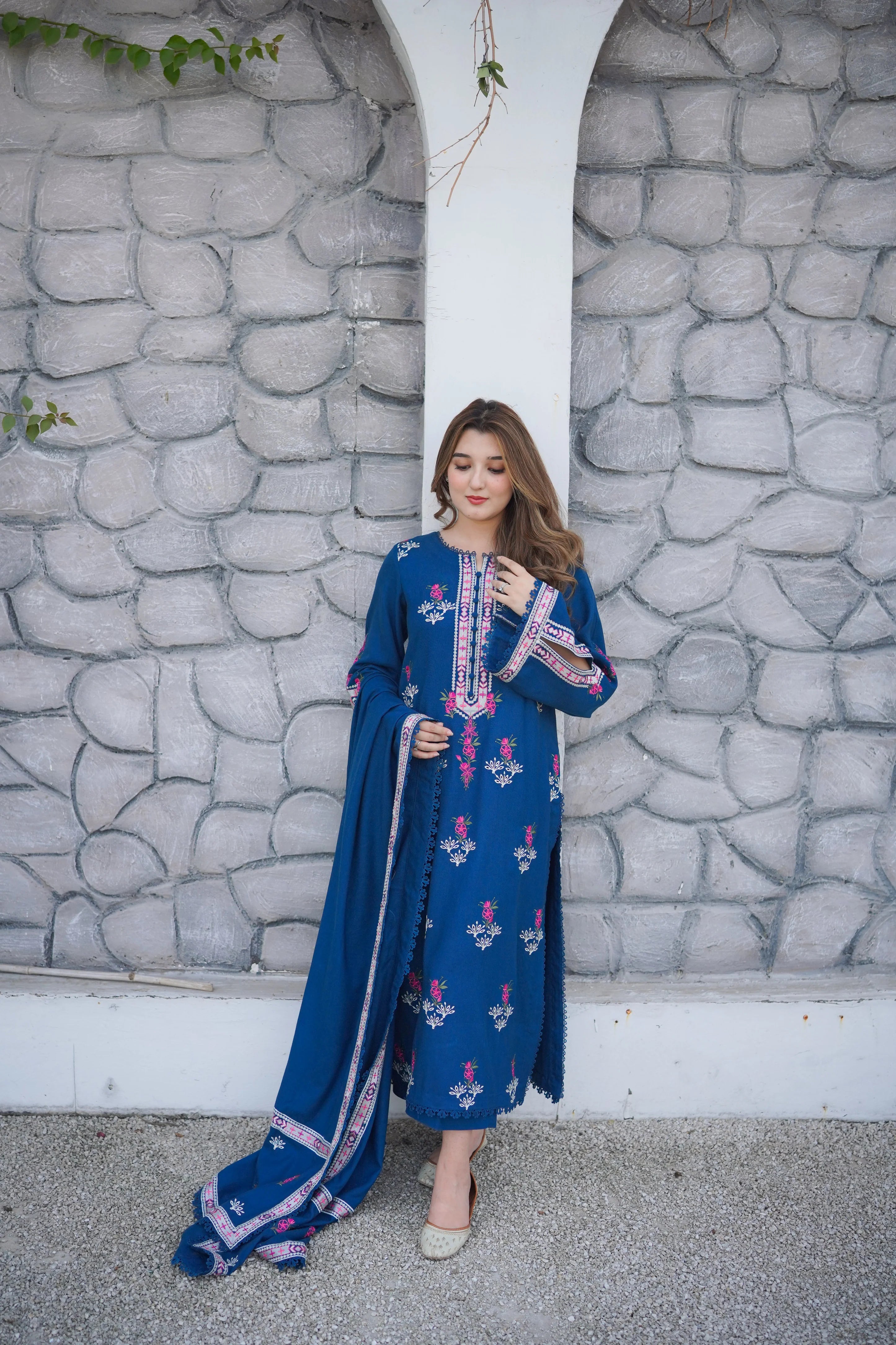 Stitched Peach Wool Emb Shirt Emb 3PC