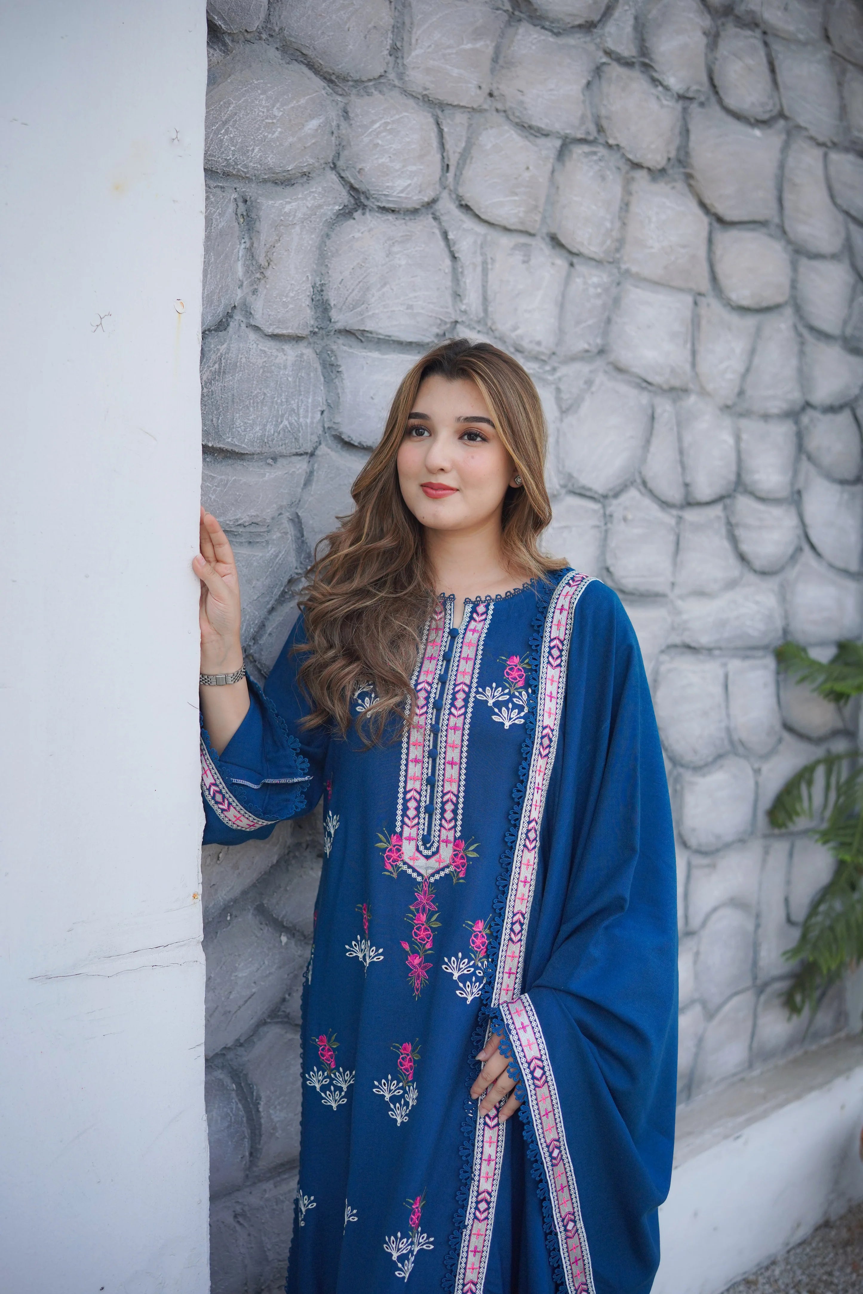 Stitched Peach Wool Emb Shirt Emb 3PC